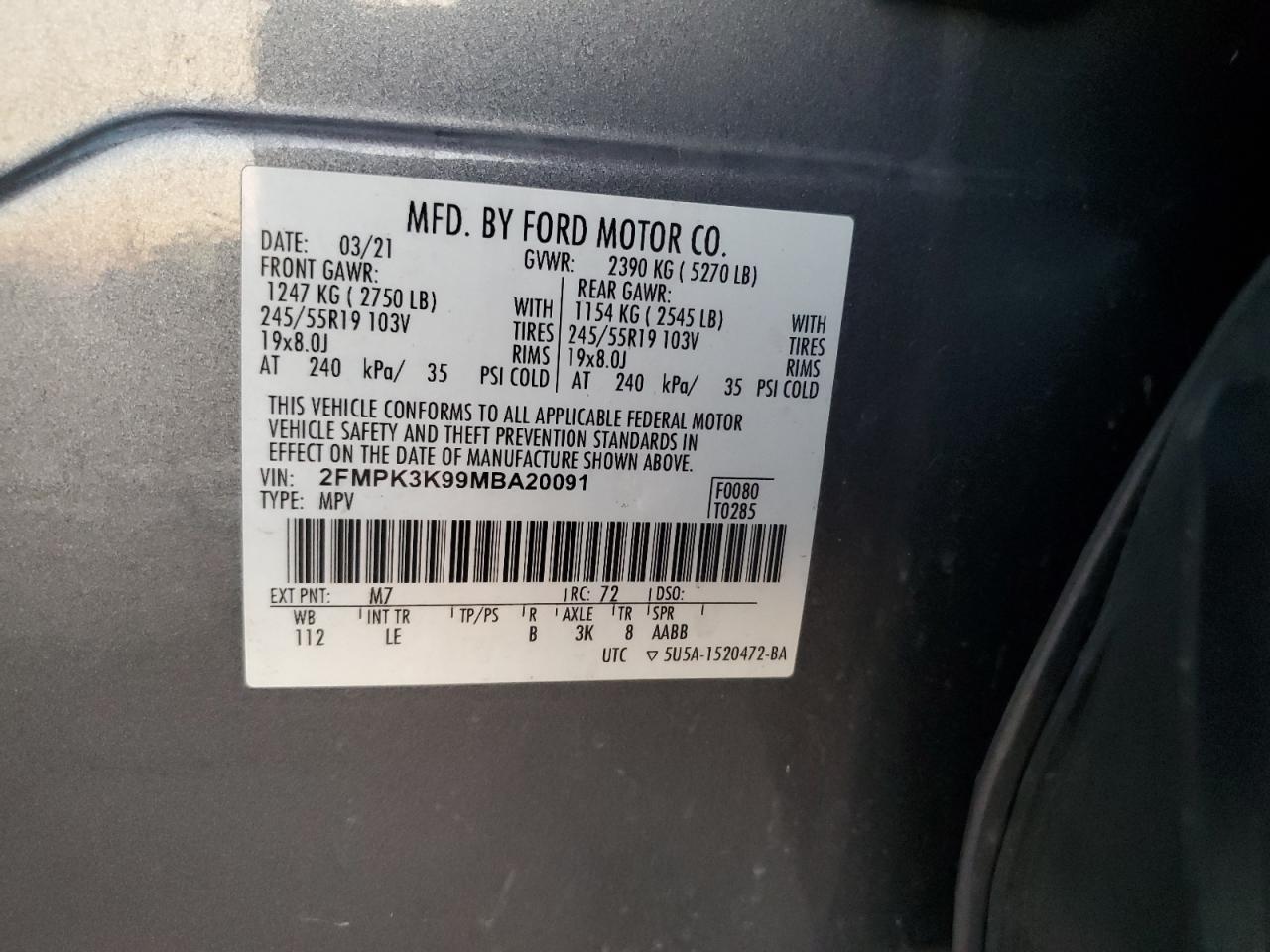 2021 Ford Edge Titanium VIN: 2FMPK3K99MBA20091 Lot: 92735715