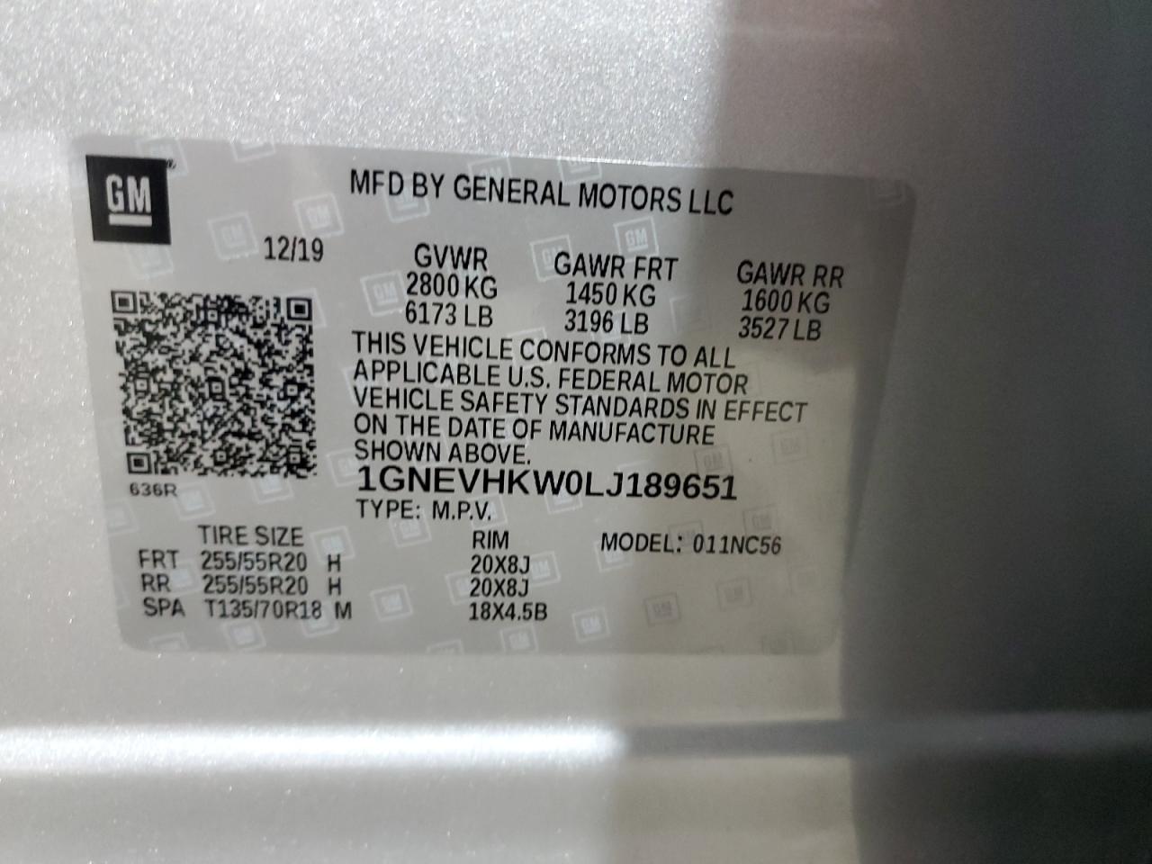 2020 Chevrolet Traverse Lt VIN: 1GNEVHKW0LJ189651 Lot: 93603915