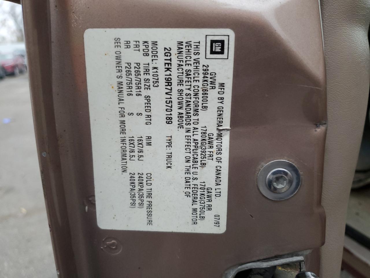 1997 GMC Sierra K1500 VIN: 2GTEK19R7V1570189 Lot: 92730255