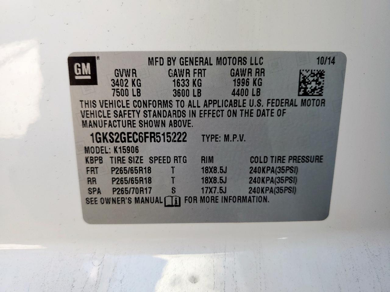 2015 GMC Yukon Xl K1500 Sle VIN: 1GKS2GEC6FR515222 Lot: 92981705