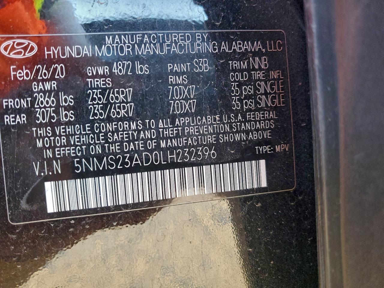 2020 Hyundai Santa Fe Se VIN: 5NMS23AD0LH232396 Lot: 94058675