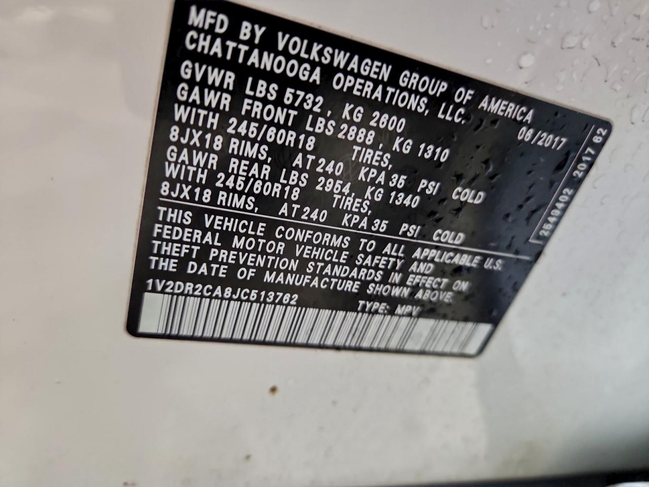 2018 Volkswagen Atlas Se VIN: 1V2DR2CA8JC513762 Lot: 94434345