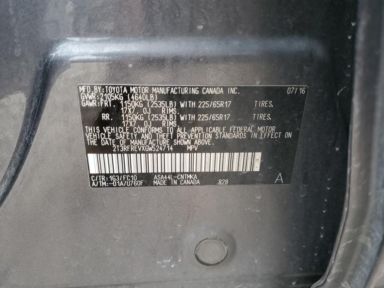 2016 Toyota Rav4 Xle VIN: 2T3RFREVXGW524714 Lot: 92938225