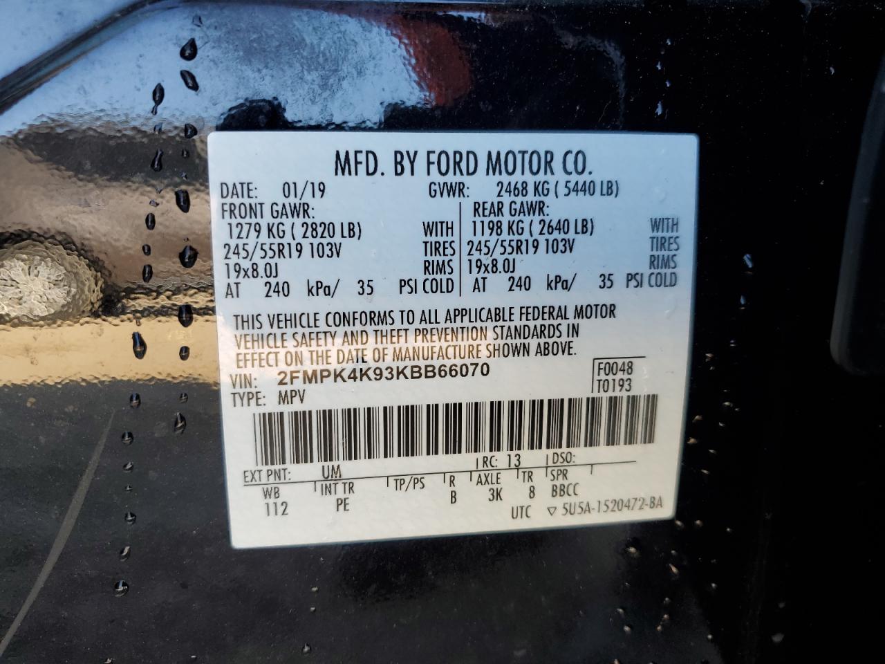 2019 Ford Edge Titanium VIN: 2FMPK4K93KBB66070 Lot: 91853355