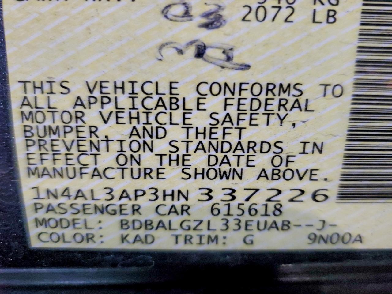 2017 Nissan Altima 2.5 VIN: 1N4AL3AP3HN337226 Lot: 95075735