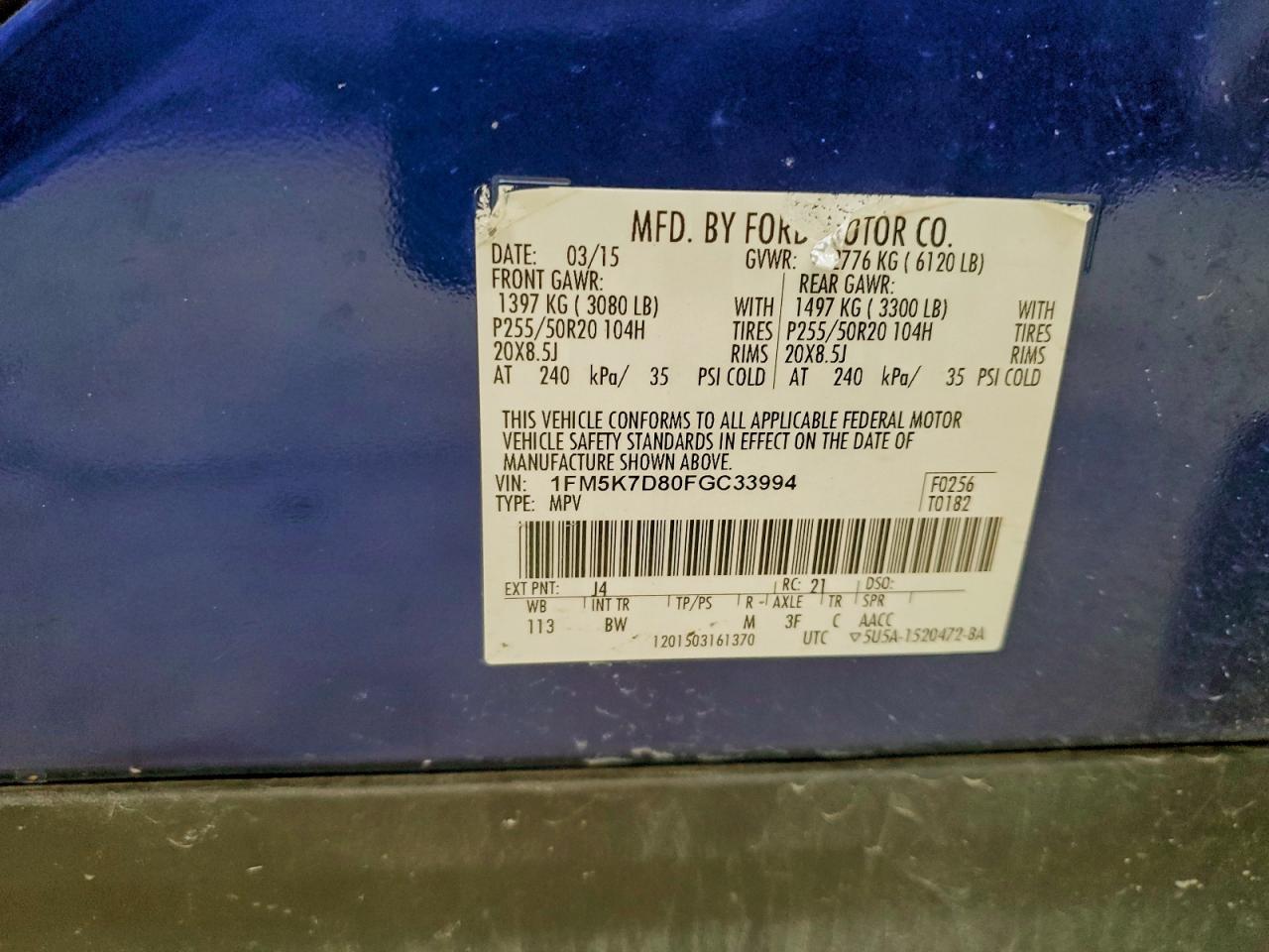 2015 Ford Explorer Xlt VIN: 1FM5K7D80FGC33994 Lot: 93745185