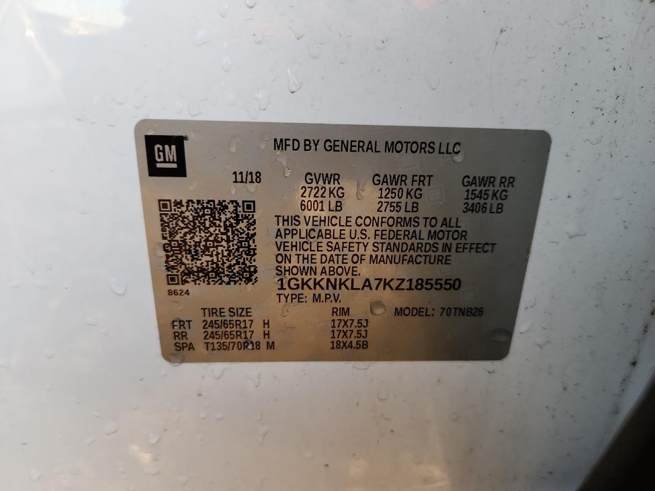 2019 GMC Acadia Sle VIN: 1GKKNKLA7KZ185550 Lot: 92919035