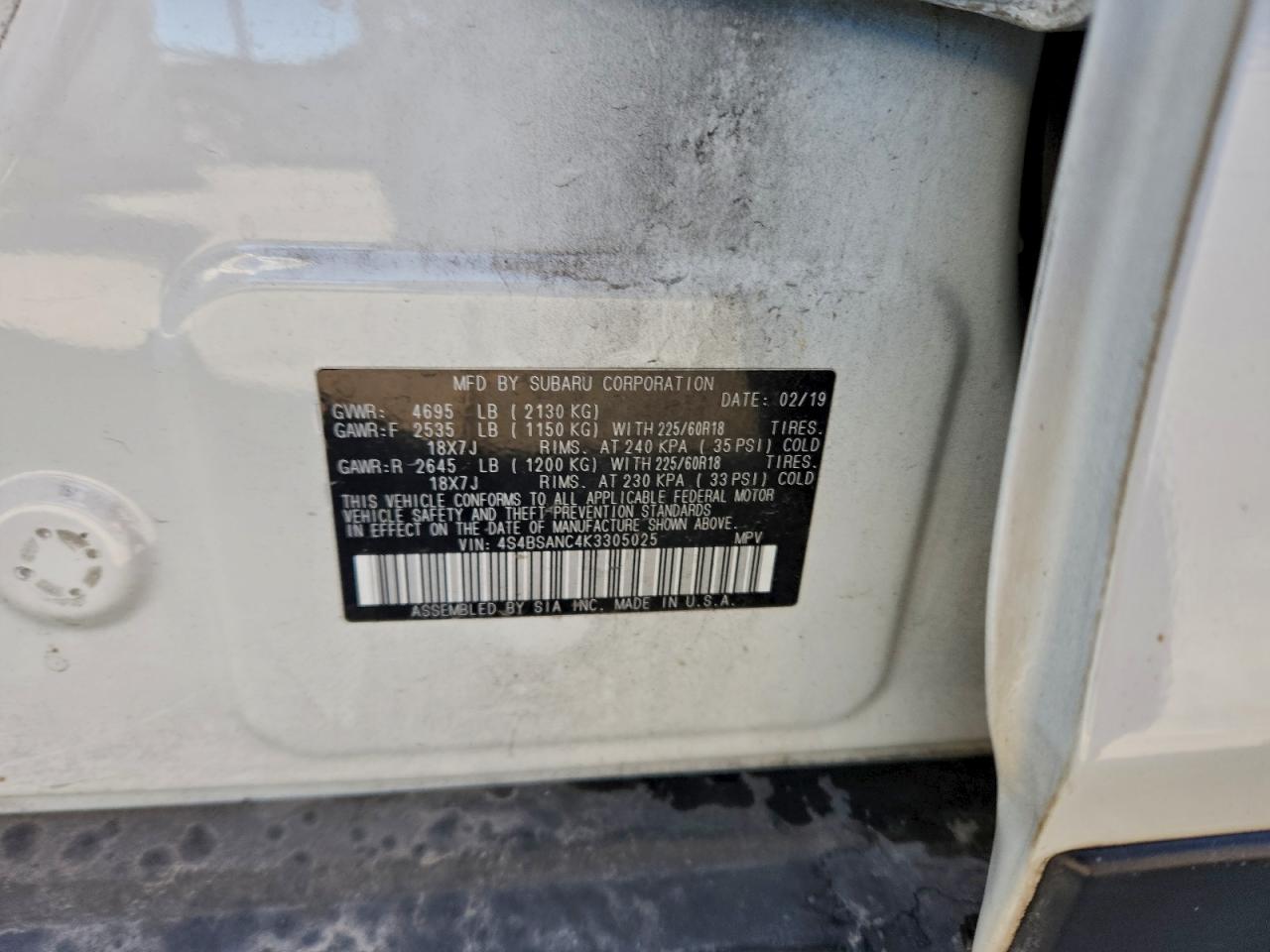 2019 Subaru Outback 2.5I Limited VIN: 4S4BSANC4K3305025 Lot: 93948185