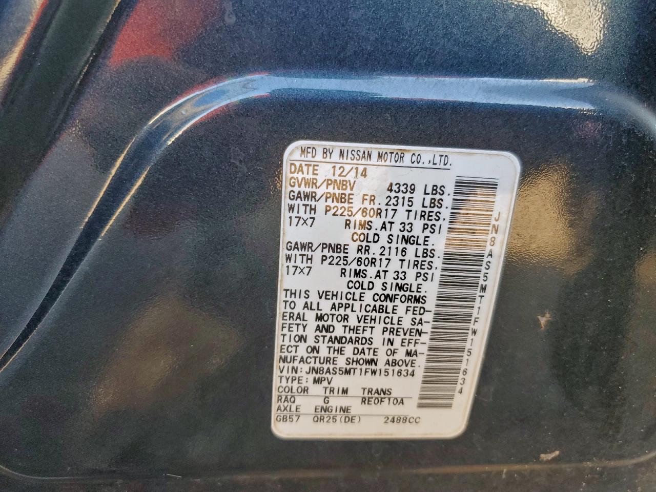 2015 Nissan Rogue Select S VIN: JN8AS5MT1FW151634 Lot: 93889065