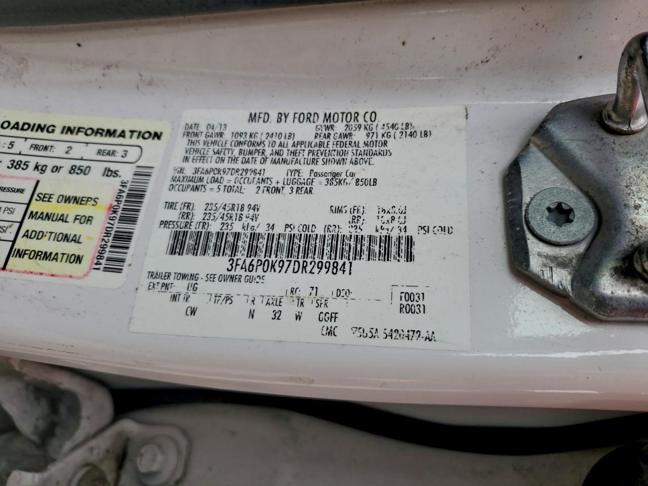 2013 Ford Fusion Titanium VIN: 3FA6P0K97DR299841 Lot: 93970905