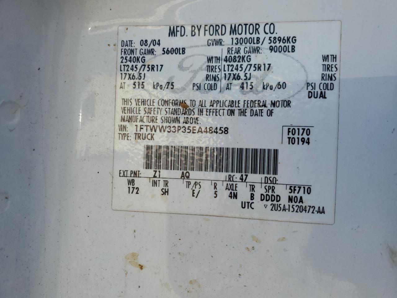 2005 Ford F350 Super Duty Flatbed Truck VIN: 1FTWW33P35EA48458 Lot: 91423775