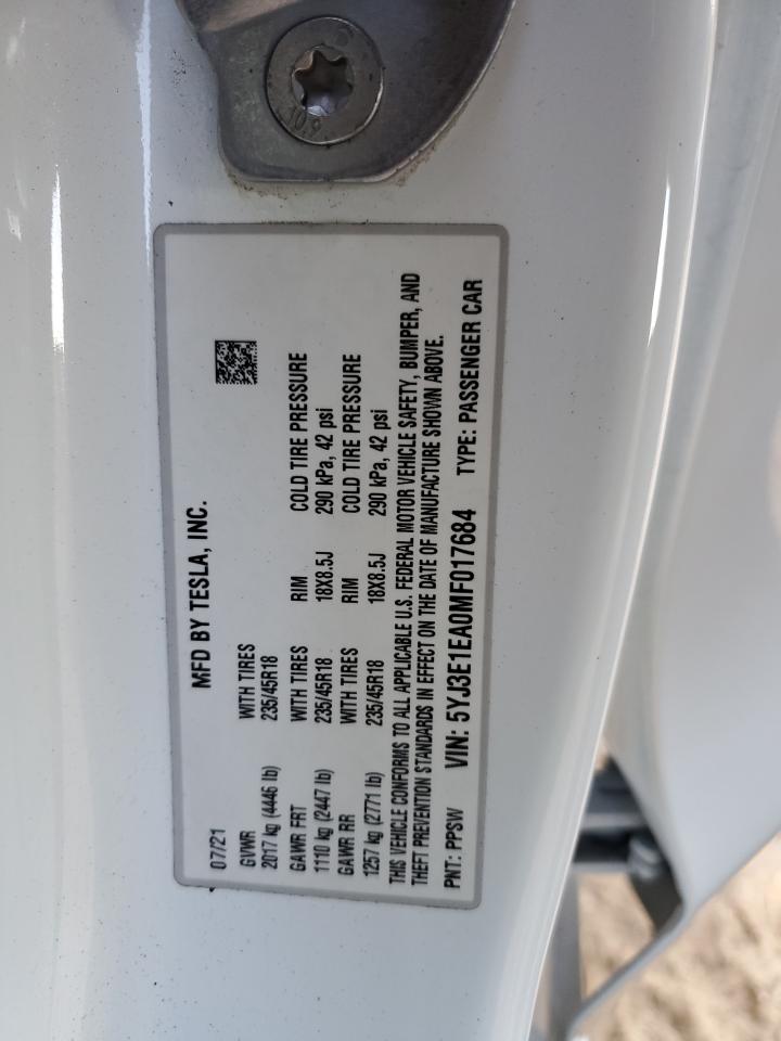 2021 Tesla Model 3 VIN: 5YJ3E1EA0MF017684 Lot: 93236585