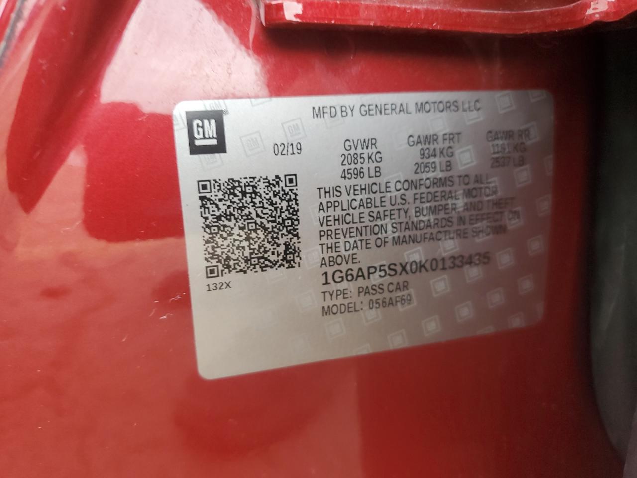 2019 Cadillac Cts VIN: 1G6AP5SX0K0133435 Lot: 92227405