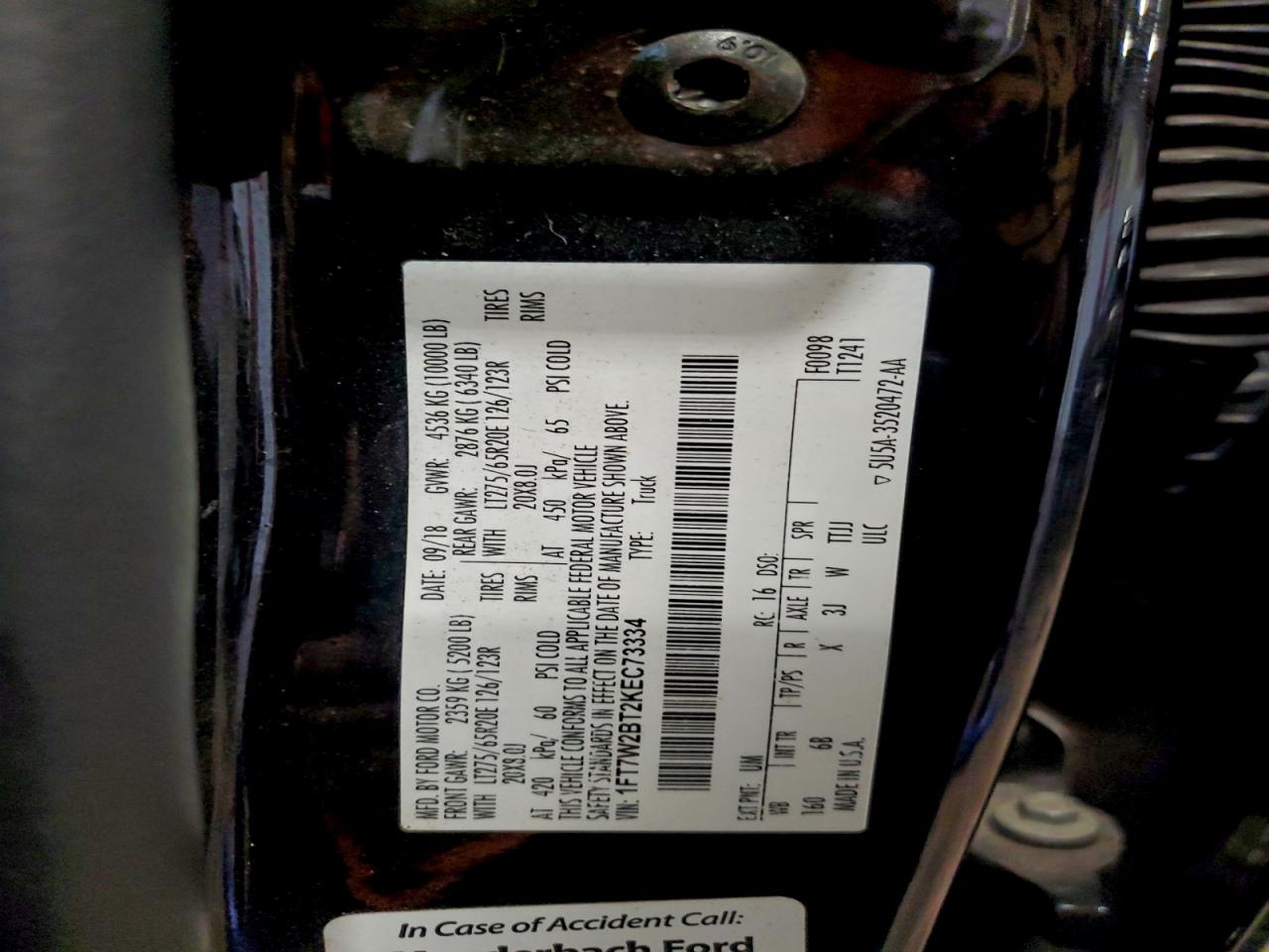 2019 Ford F250 Super Duty VIN: 1FT7W2BT2KEC73334 Lot: 94534305