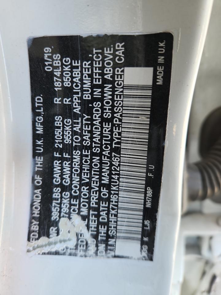 2019 Honda Civic Ex VIN: SHHFK7H61KU412467 Lot: 90574025