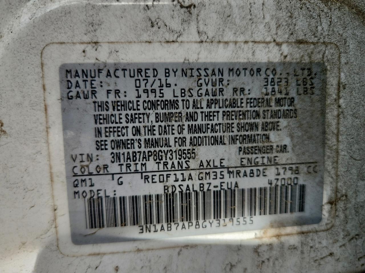 2016 Nissan Sentra S VIN: 3N1AB7AP8GY319555 Lot: 94358645