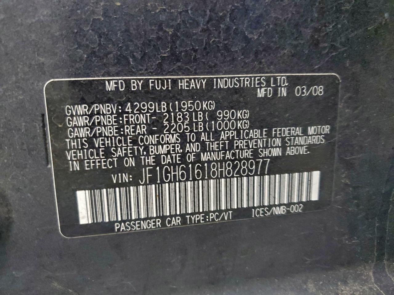 2008 Subaru Impreza 2.5I VIN: JF1GH61618H828977 Lot: 92756025