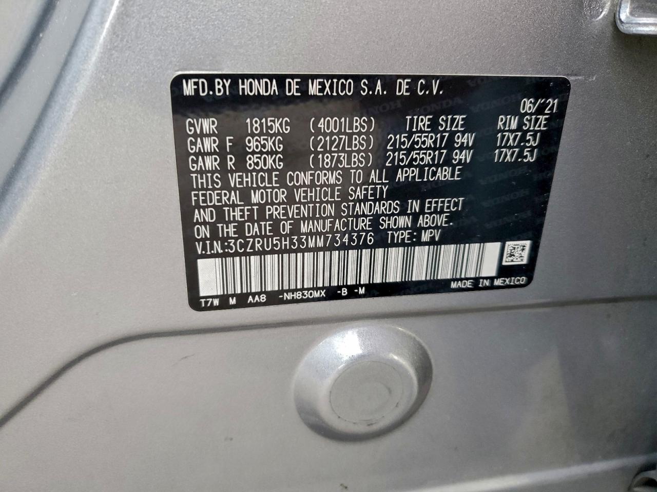 2021 Honda Hr-V Lx VIN: 3CZRU5H33MM734376 Lot: 94660135