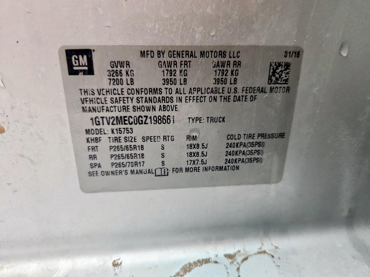 2016 GMC Sierra K1500 Sle VIN: 1GTV2MEC0GZ198661 Lot: 93222235