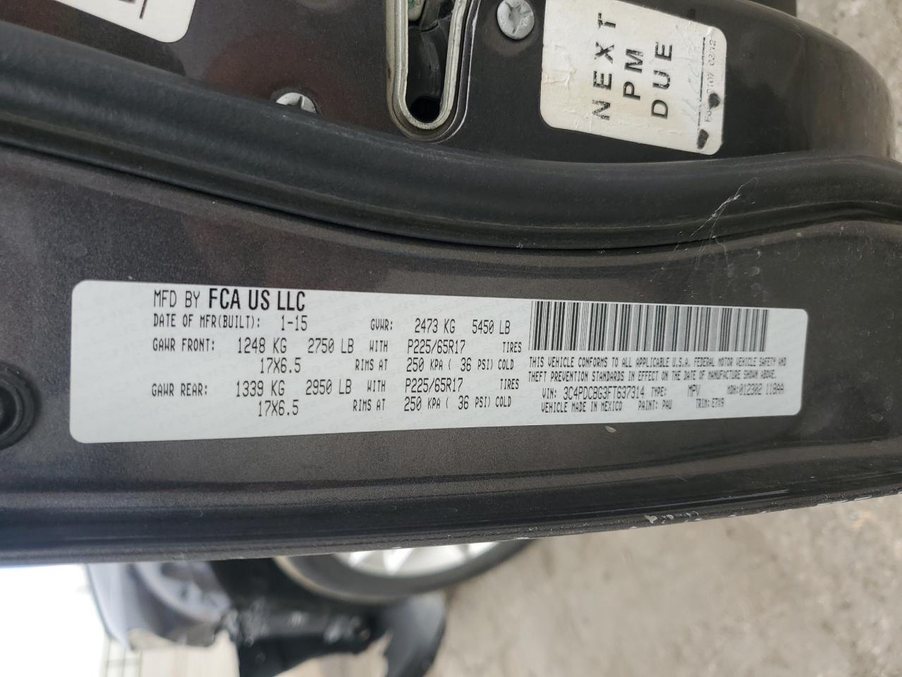 2015 Dodge Journey Sxt VIN: 3C4PDCBG3FT637314 Lot: 92426455