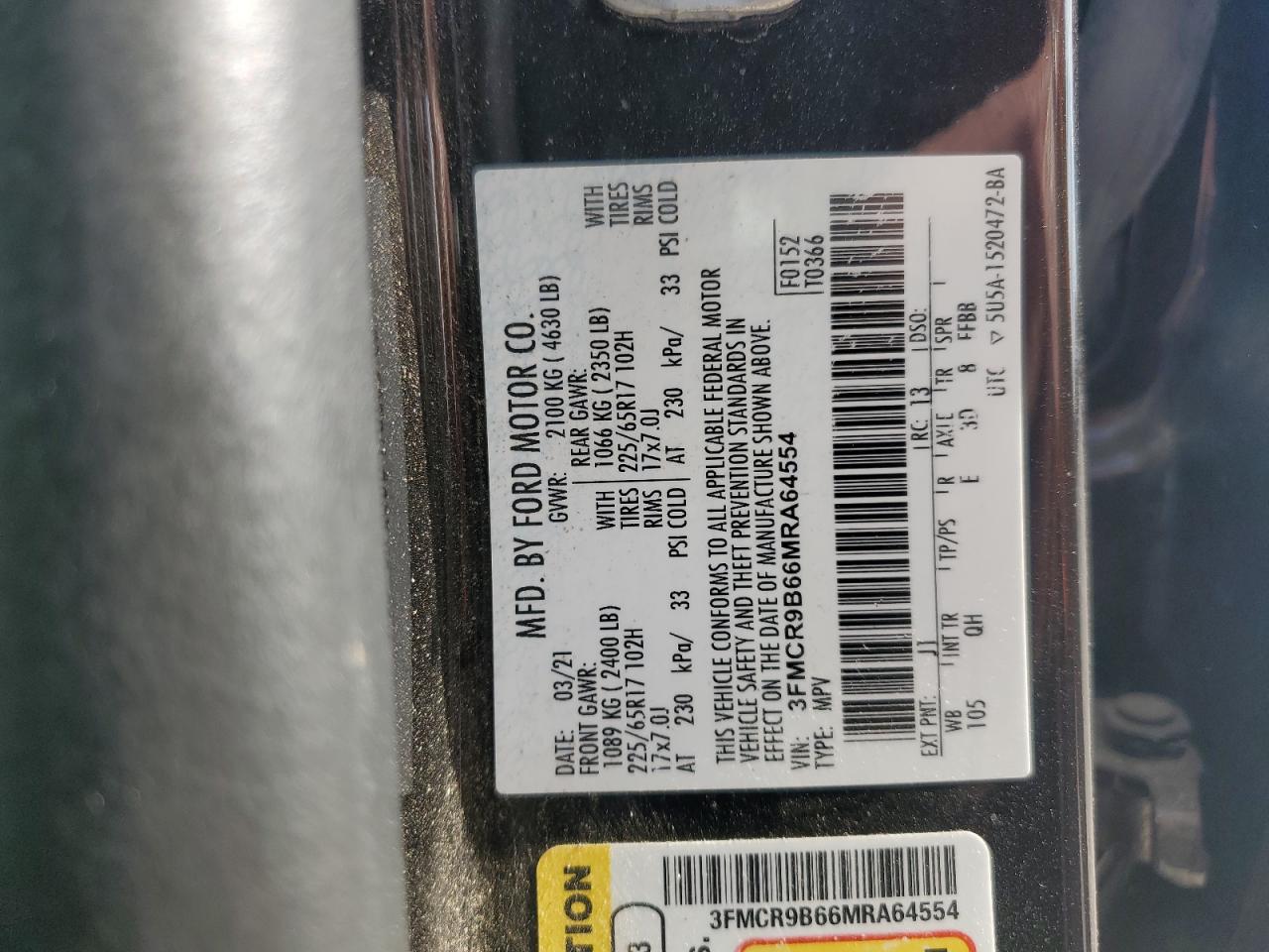 2021 Ford Bronco Sport Big Bend VIN: 3FMCR9B66MRA64554 Lot: 90649655