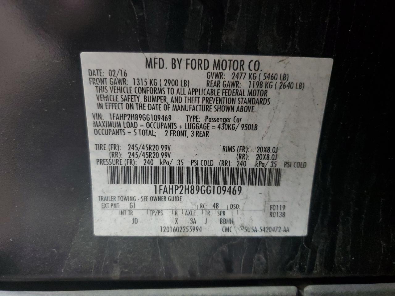 2016 Ford Taurus Sel VIN: 1FAHP2H89GG109469 Lot: 91872935