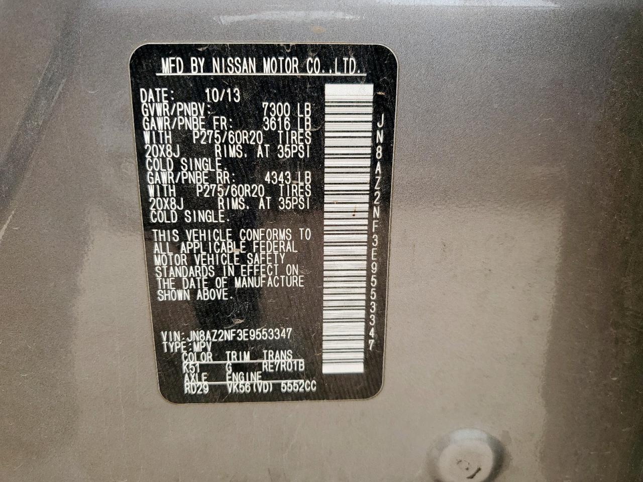 2014 Infiniti Qx80 VIN: JN8AZ2NF3E9553347 Lot: 93235255