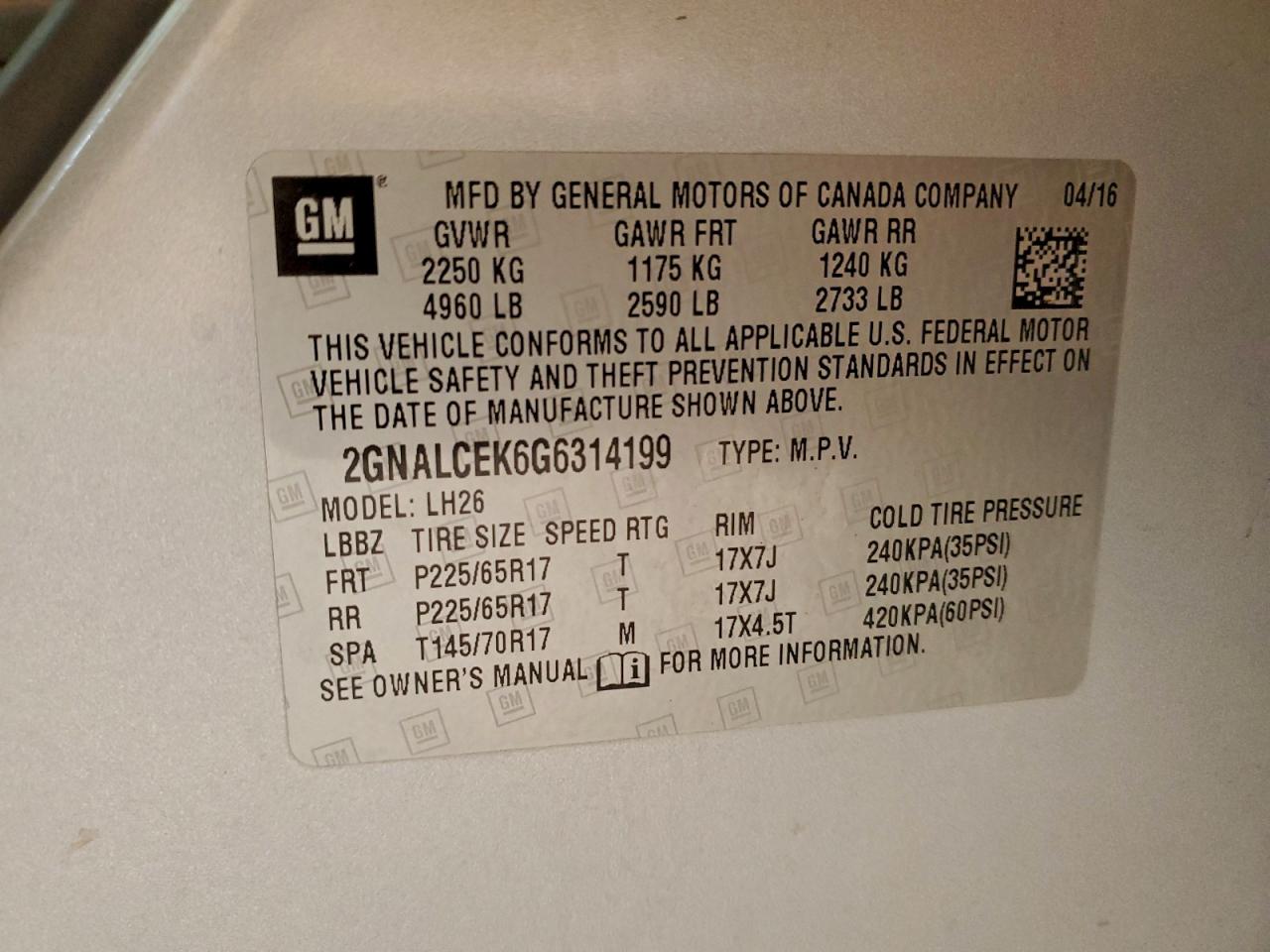 2016 Chevrolet Equinox Lt VIN: 2GNALCEK6G6314199 Lot: 93948195