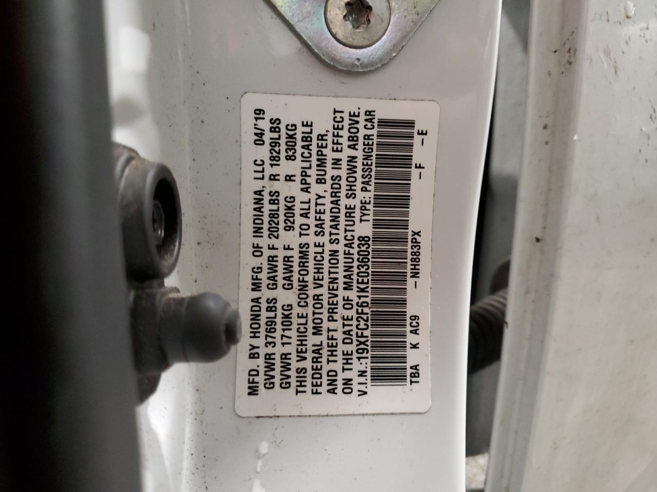 2019 Honda Civic Lx VIN: 19XFC2F61KE036038 Lot: 92525775