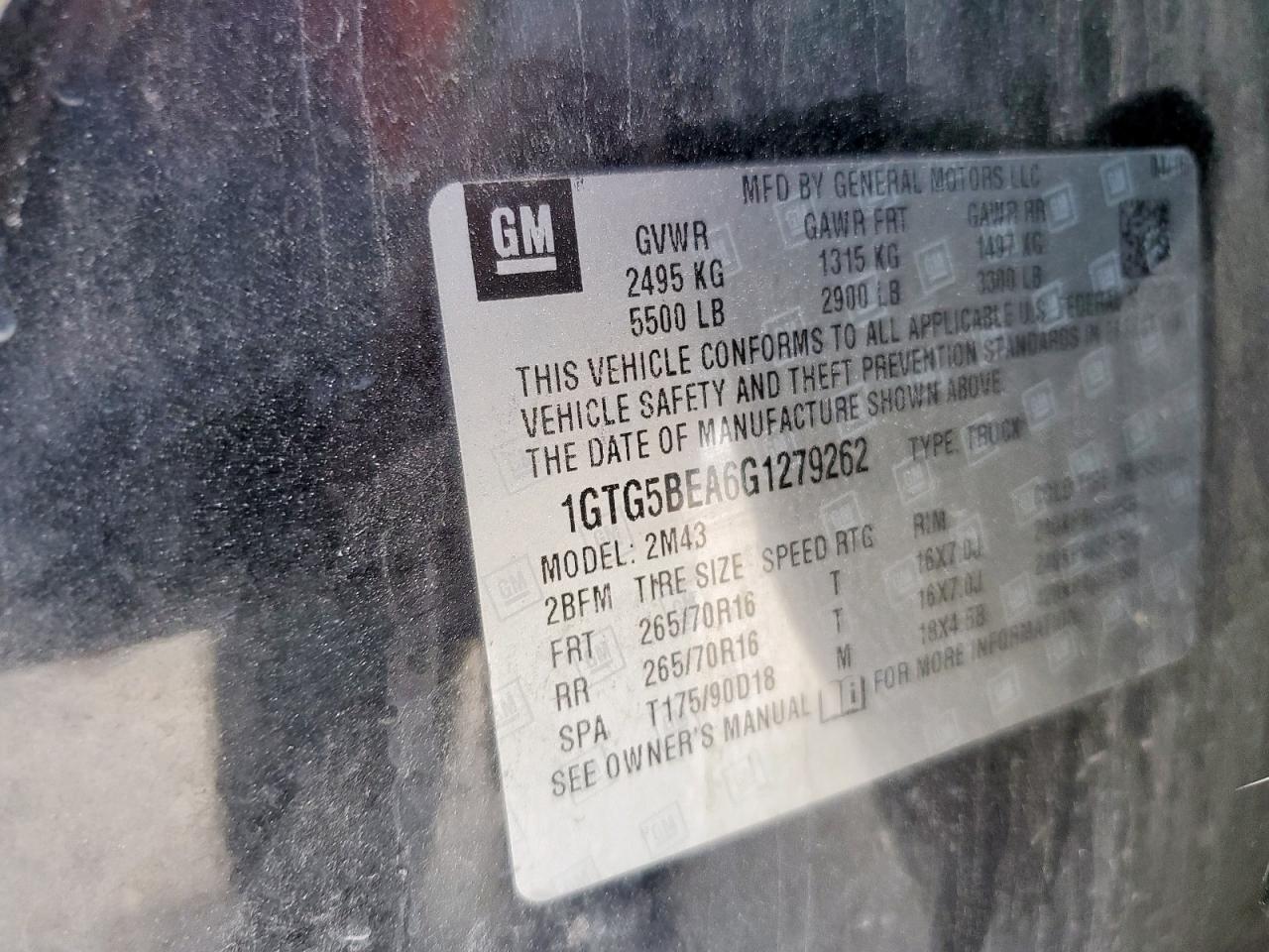 2016 GMC Canyon VIN: 1GTG5BEA6G1279262 Lot: 92805035