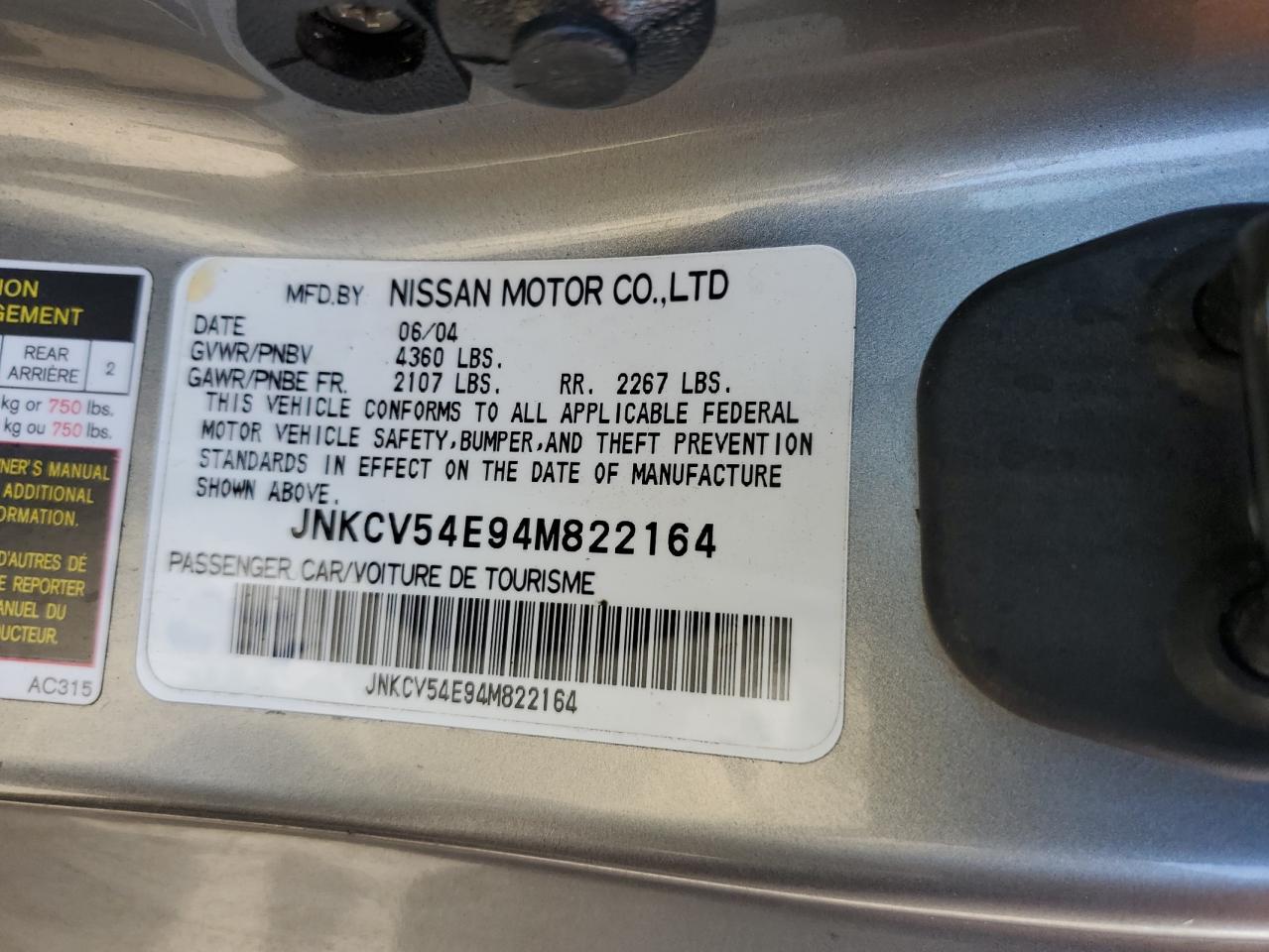 2004 Infiniti G35 VIN: JNKCV54E94M822164 Lot: 92071505