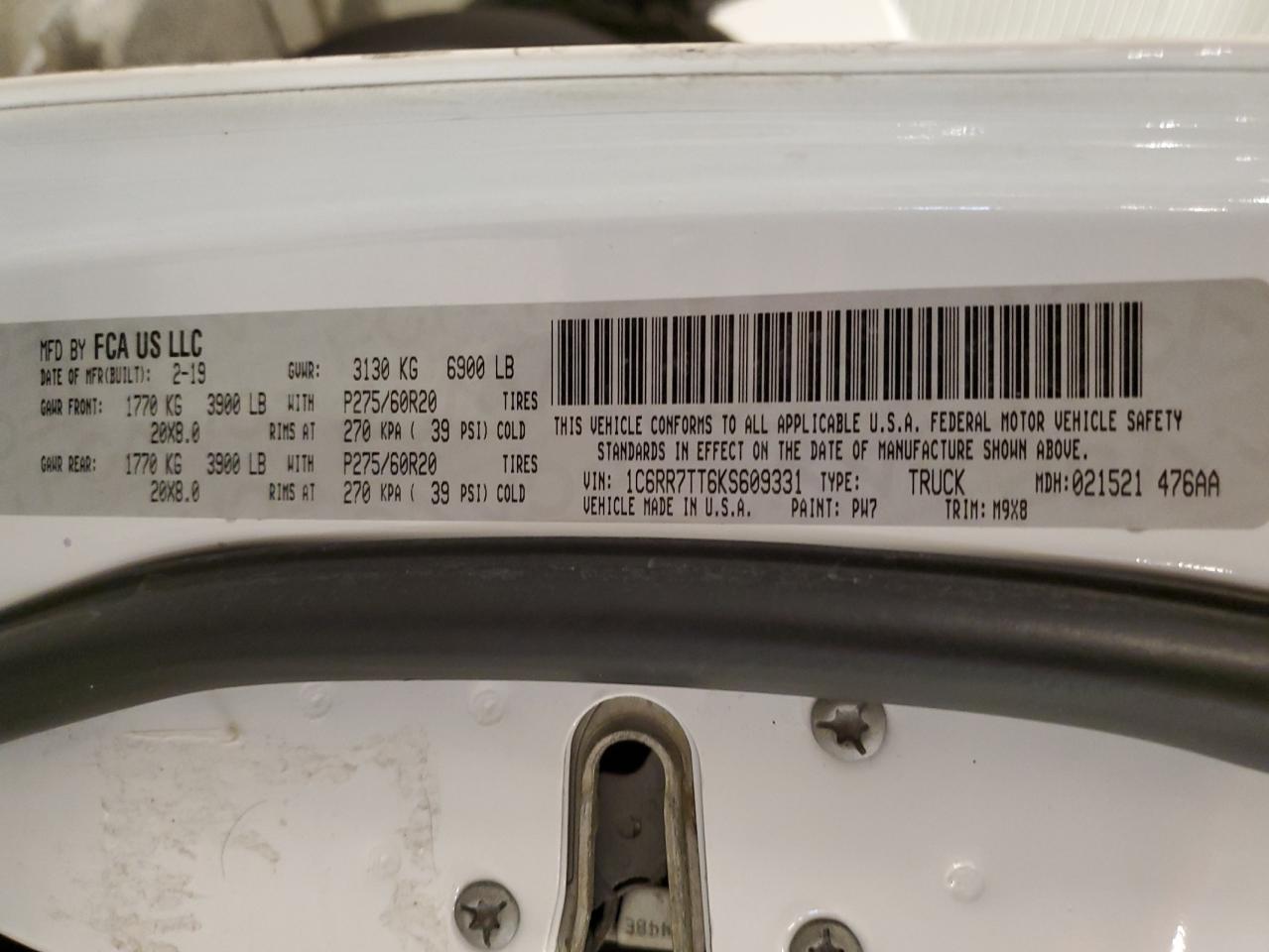 2019 Ram 1500 Classic Slt VIN: 1C6RR7TT6KS609331 Lot: 91620345