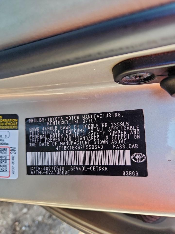 2007 Toyota Camry Le VIN: 4T1BK46K67U559540 Lot: 93701075