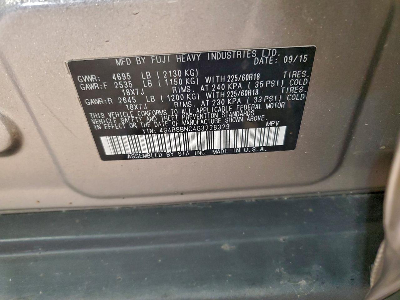 2016 Subaru Outback 2.5I Limited VIN: 4S4BSBNC4G3228329 Lot: 94131845