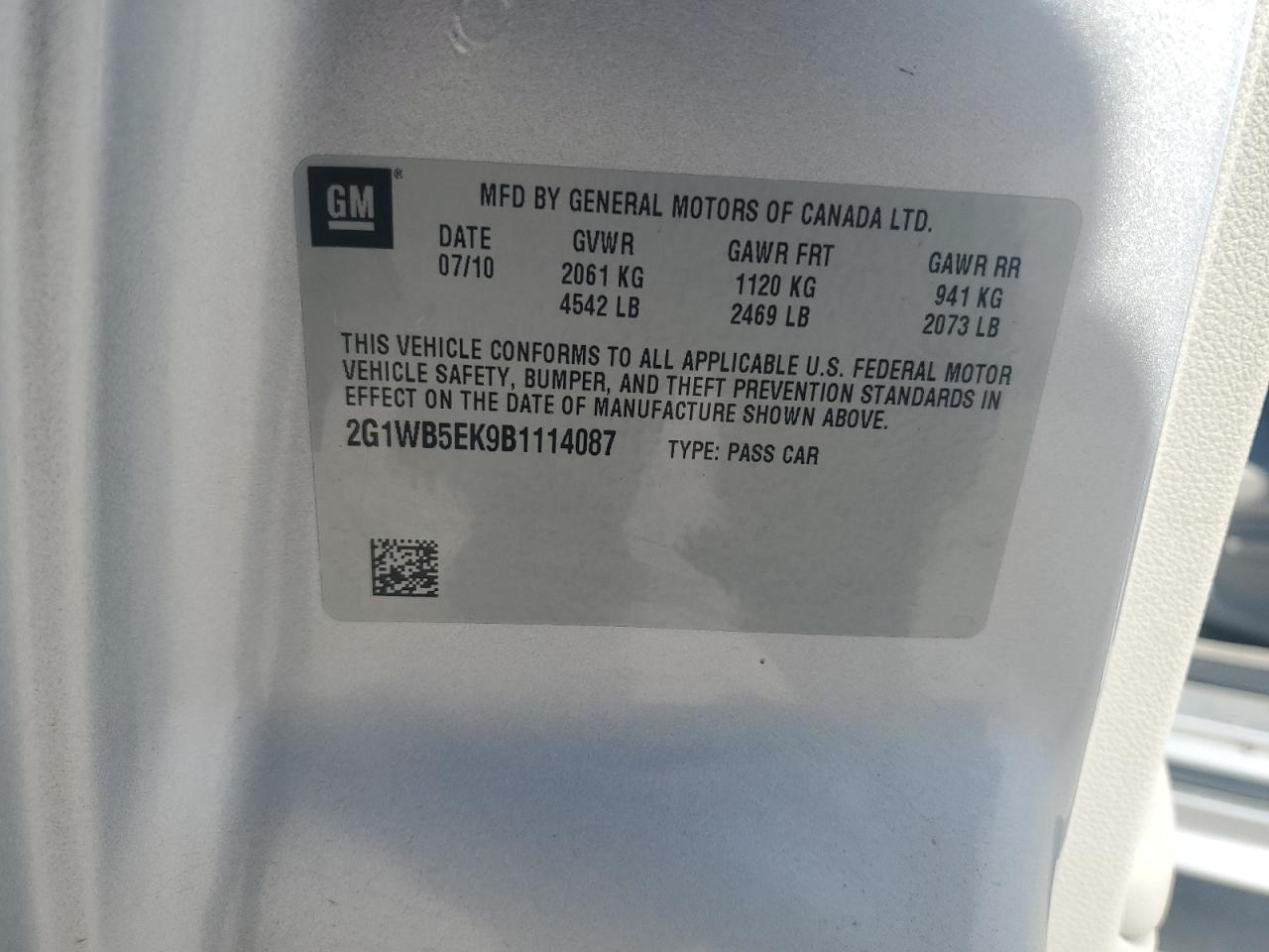 2011 Chevrolet Impala Lt VIN: 2G1WB5EK9B1114087 Lot: 94238815