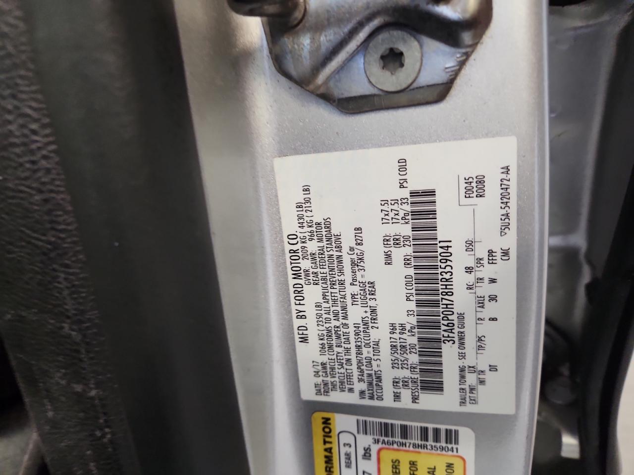 2017 Ford Fusion Se VIN: 3FA6P0H78HR359041 Lot: 86831735