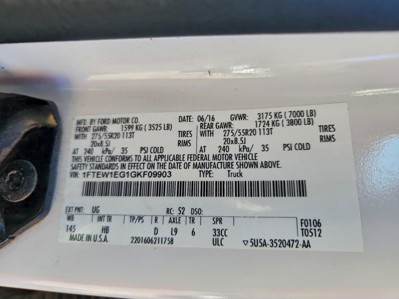 2016 Ford F150 Supercrew VIN: 1FTEW1EG1GKF09903 Lot: 94782185