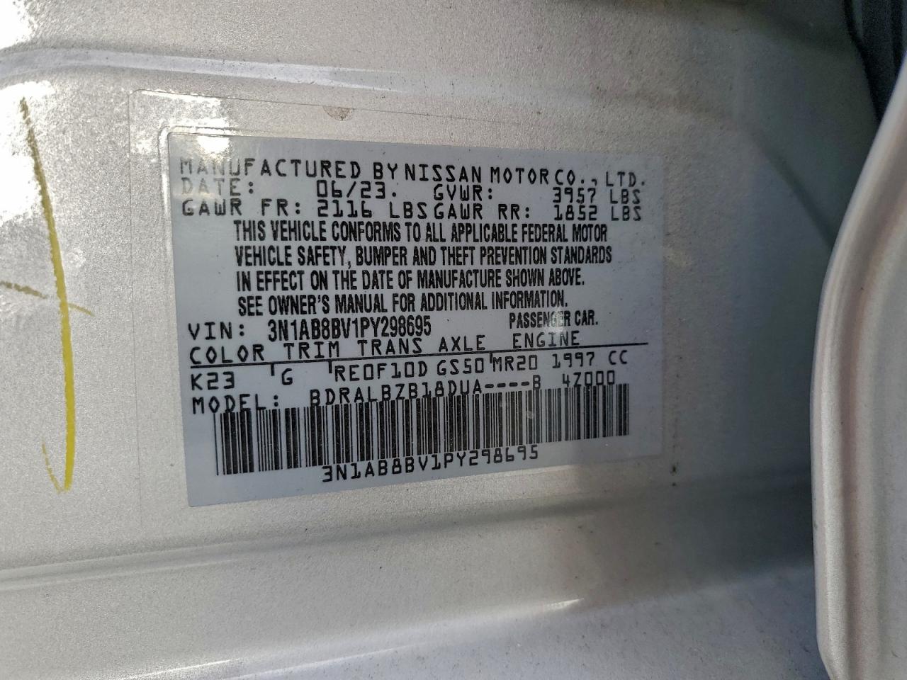 2023 Nissan Sentra S VIN: 3N1AB8BV1PY298695 Lot: 94419885