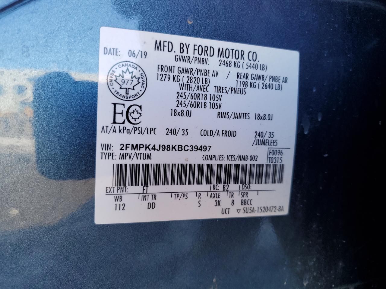 2019 Ford Edge Sel VIN: 2FMPK4J98KBC39497 Lot: 93311485