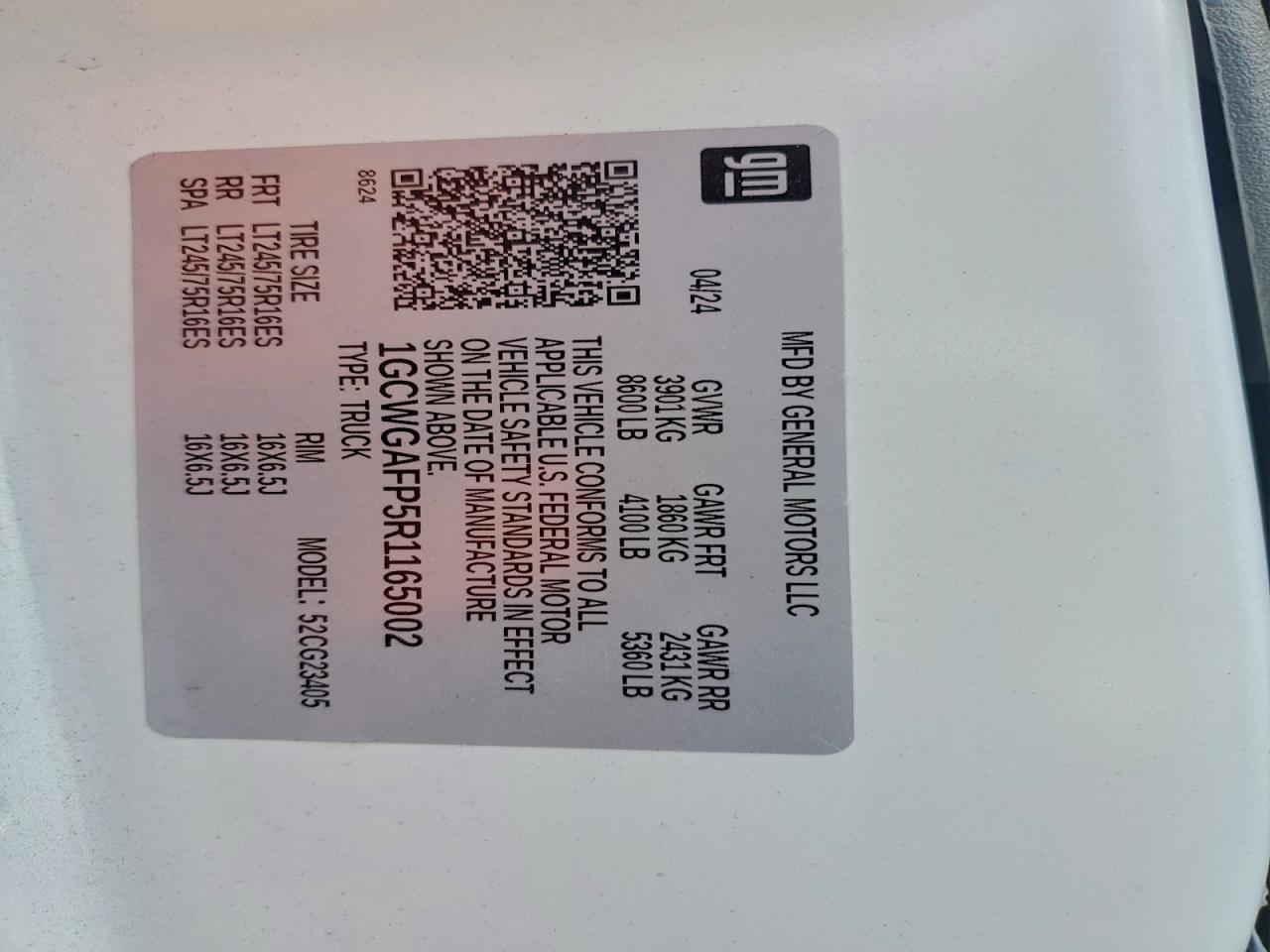 2024 Chevrolet Express Delivery Van VIN: 1GCWGAFP5R1165002 Lot: 92639715