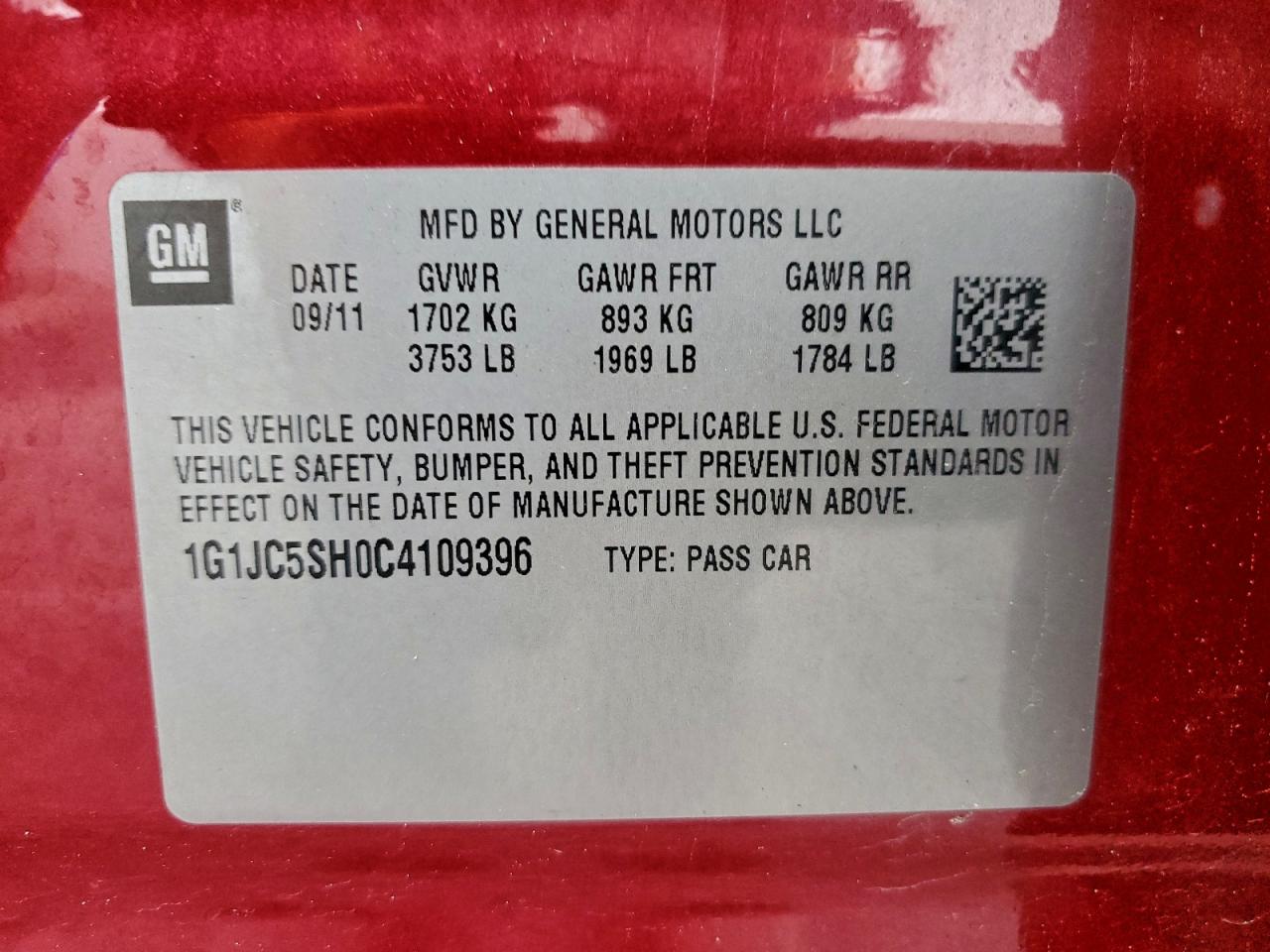 2012 Chevrolet Sonic Lt VIN: 1G1JC5SH0C4109396 Lot: 94041065