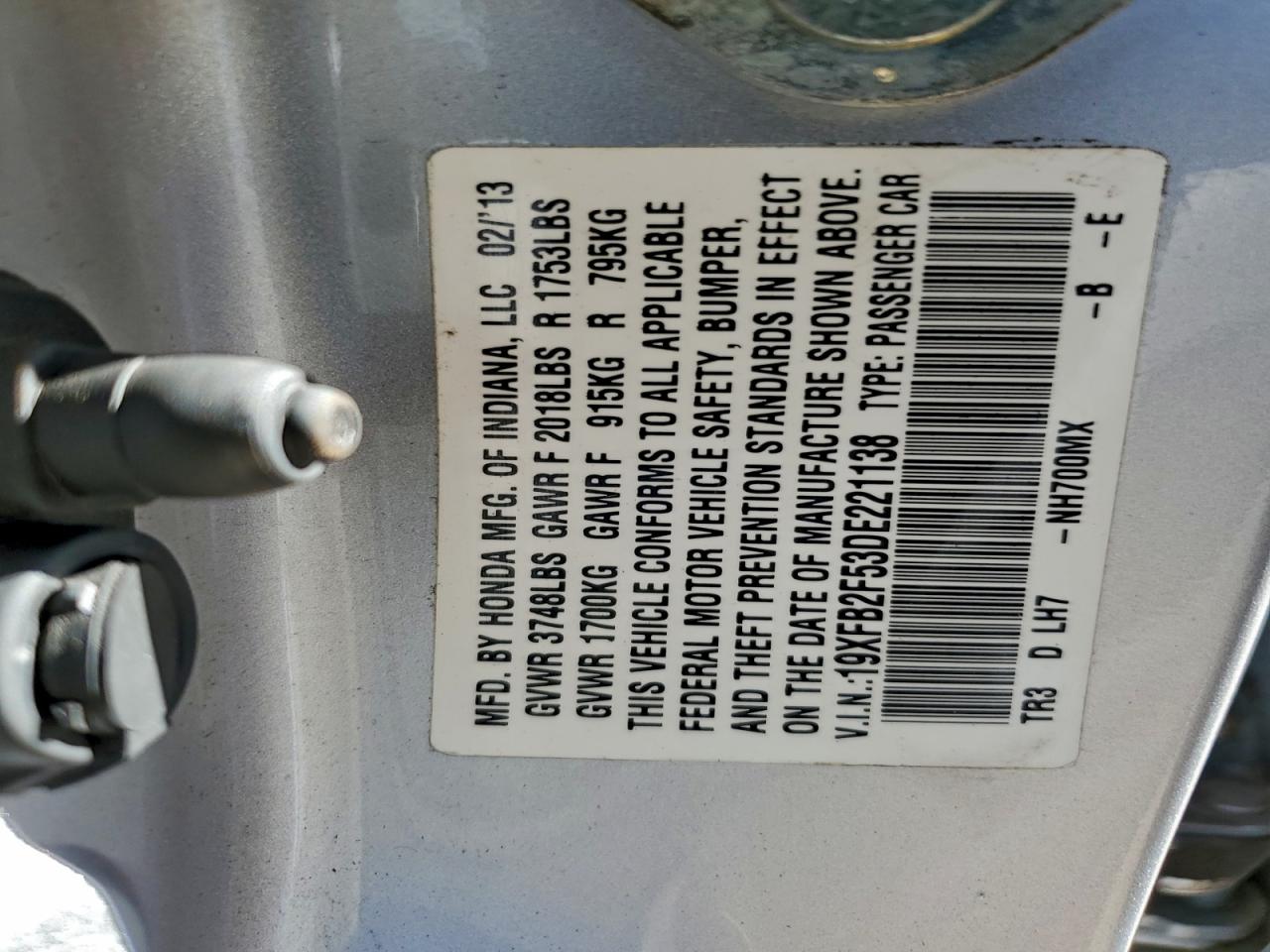 2013 Honda Civic Lx VIN: 19XFB2F53DE221138 Lot: 94228925