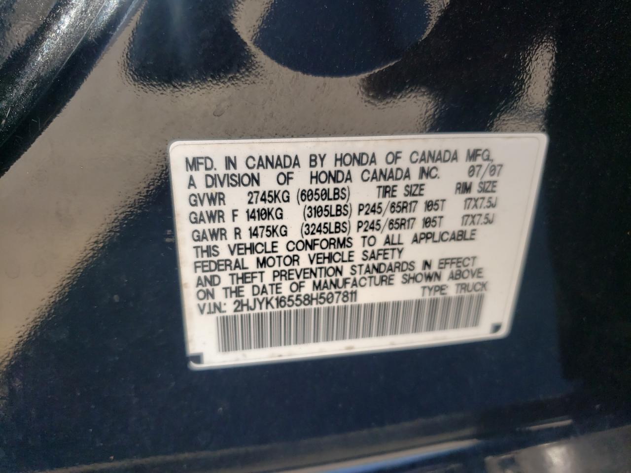 2008 Honda Ridgeline Rtl VIN: 2HJYK16558H507811 Lot: 91103805