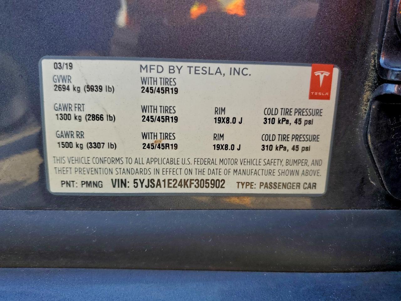 2019 Tesla Model S VIN: 5YJSA1E24KF305902 Lot: 93987205