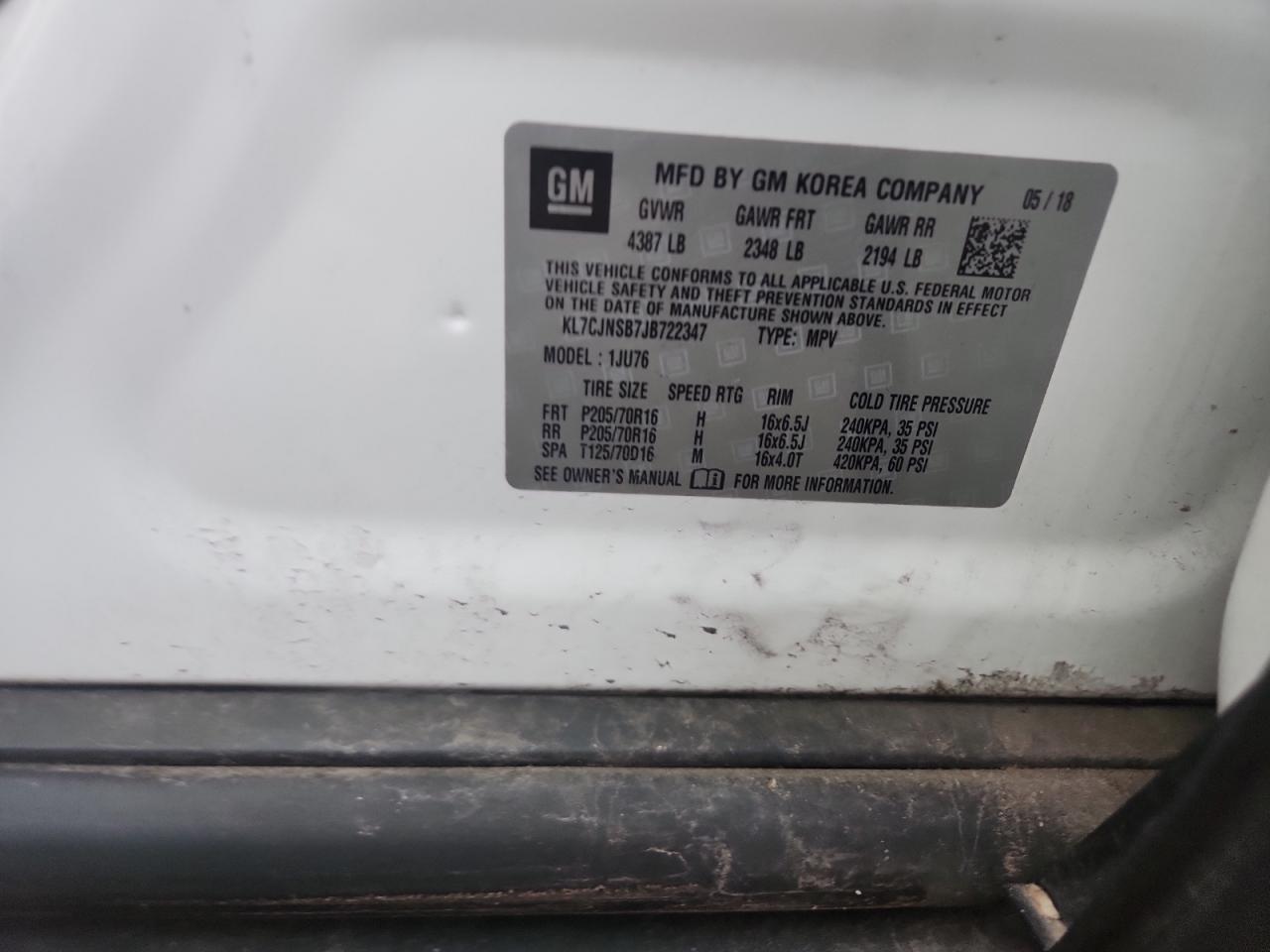 2018 Chevrolet Trax Ls VIN: KL7CJNSB7JB722347 Lot: 94643335