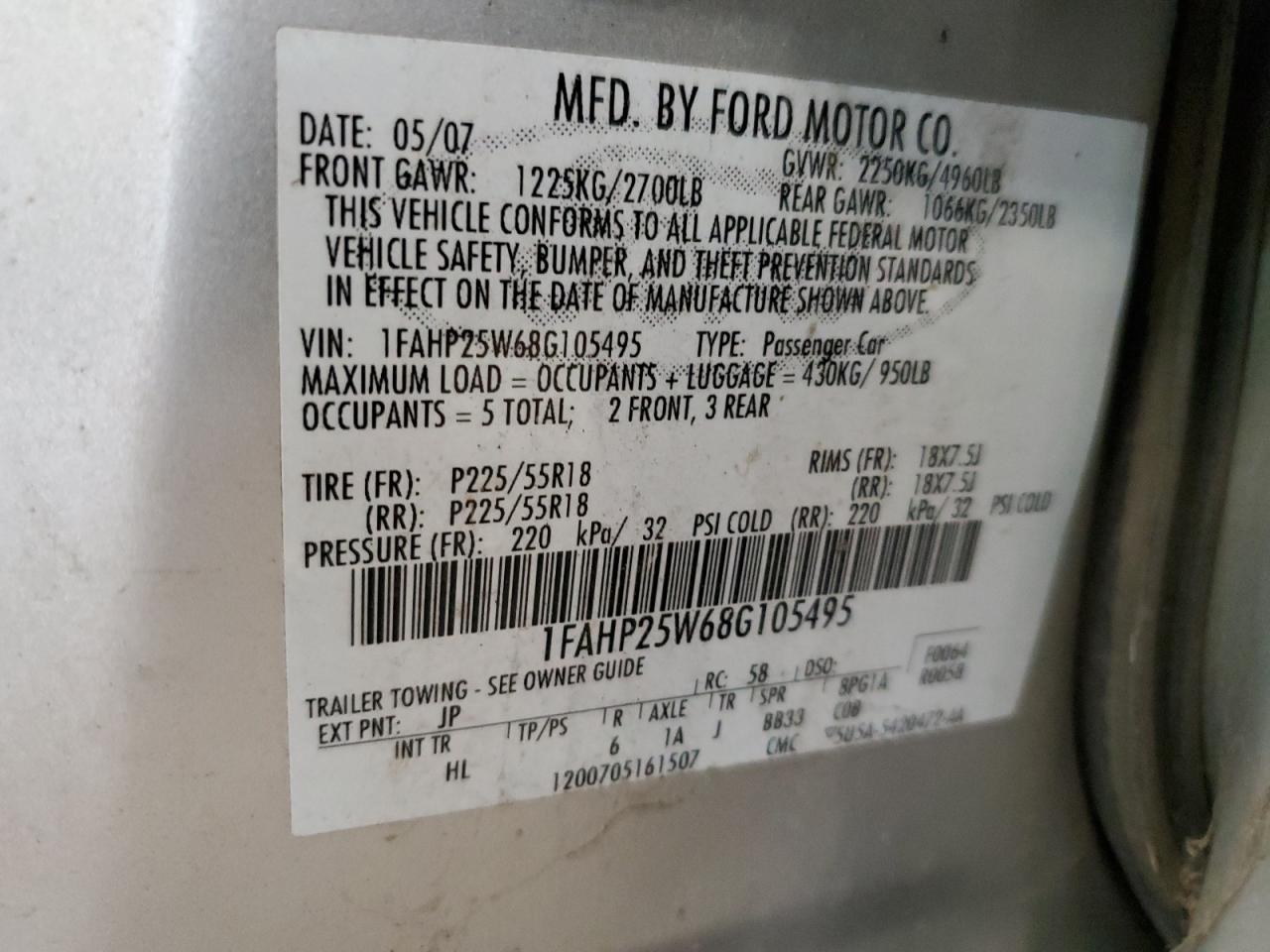 2008 Ford Taurus Limited VIN: 1FAHP25W68G105495 Lot: 93272935