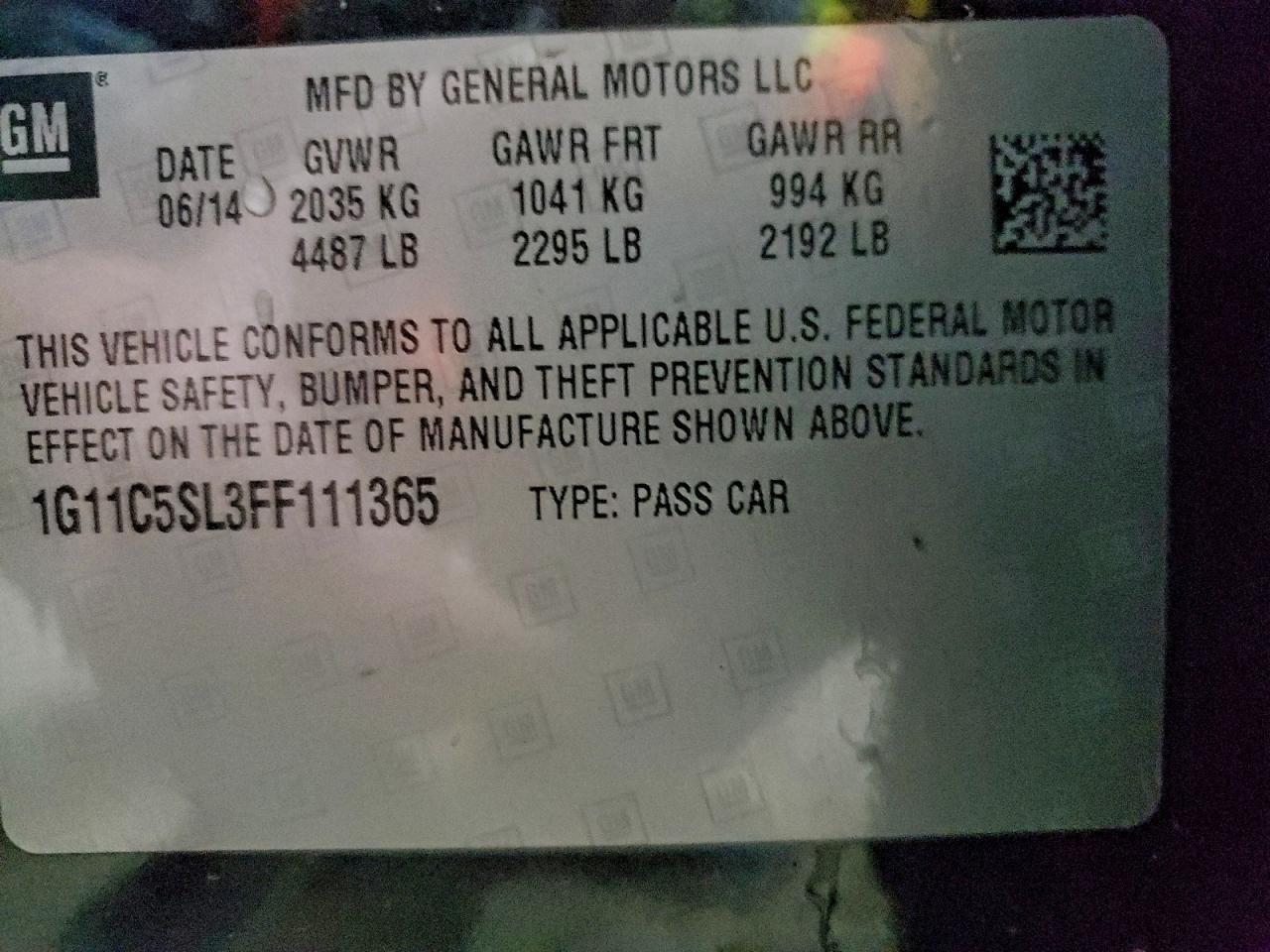 2015 Chevrolet Malibu 1Lt VIN: 1G11C5SL3FF111365 Lot: 94510365