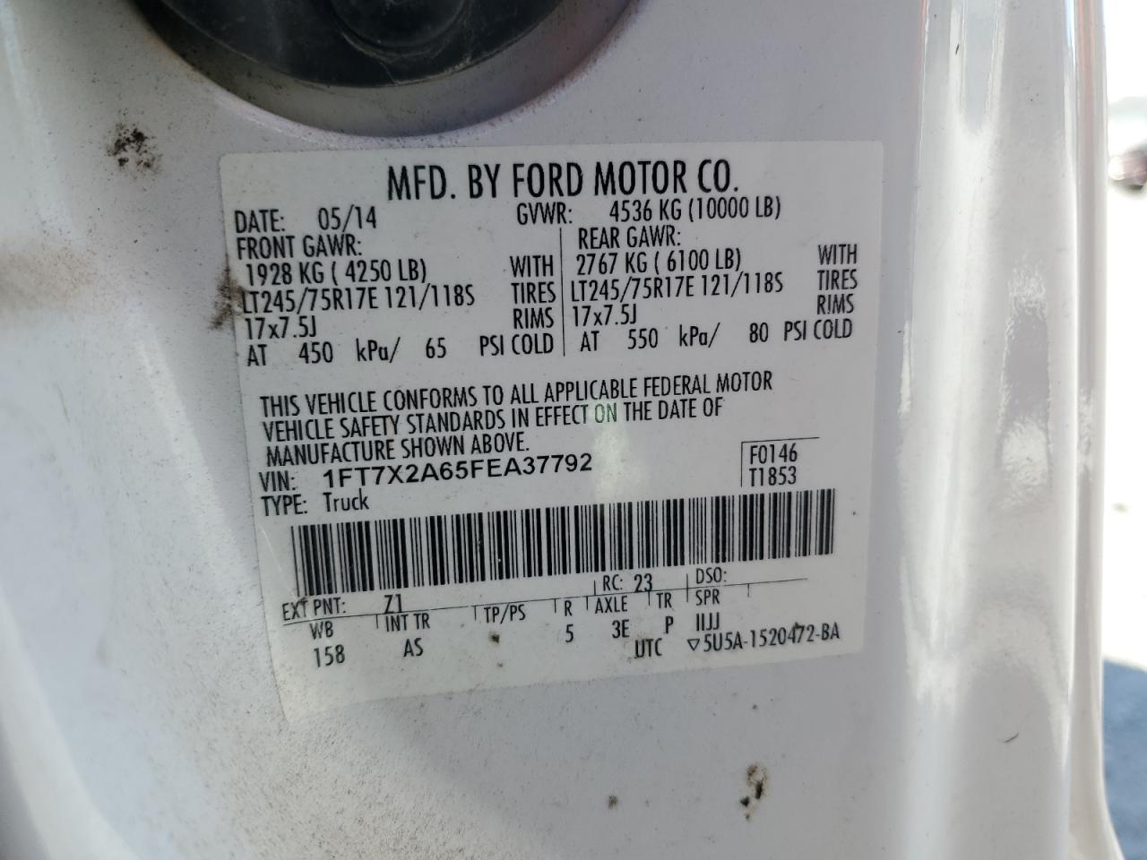 2015 Ford F250 Super Duty VIN: 1FT7X2A65FEA37792 Lot: 92786235