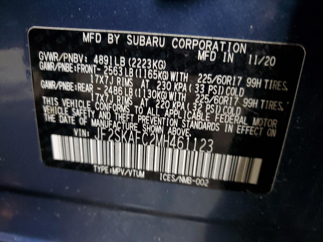 2021 Subaru Forester Premium VIN: JF2SKAFC2MH461123 Lot: 93286025