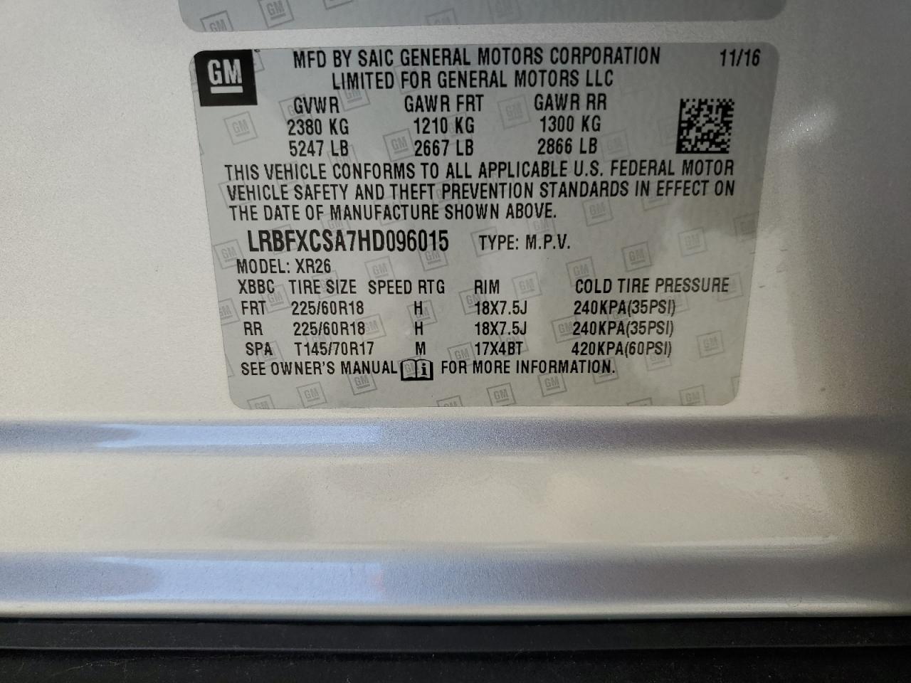 2017 Buick Envision Preferred VIN: LRBFXCSA7HD096015 Lot: 91545195